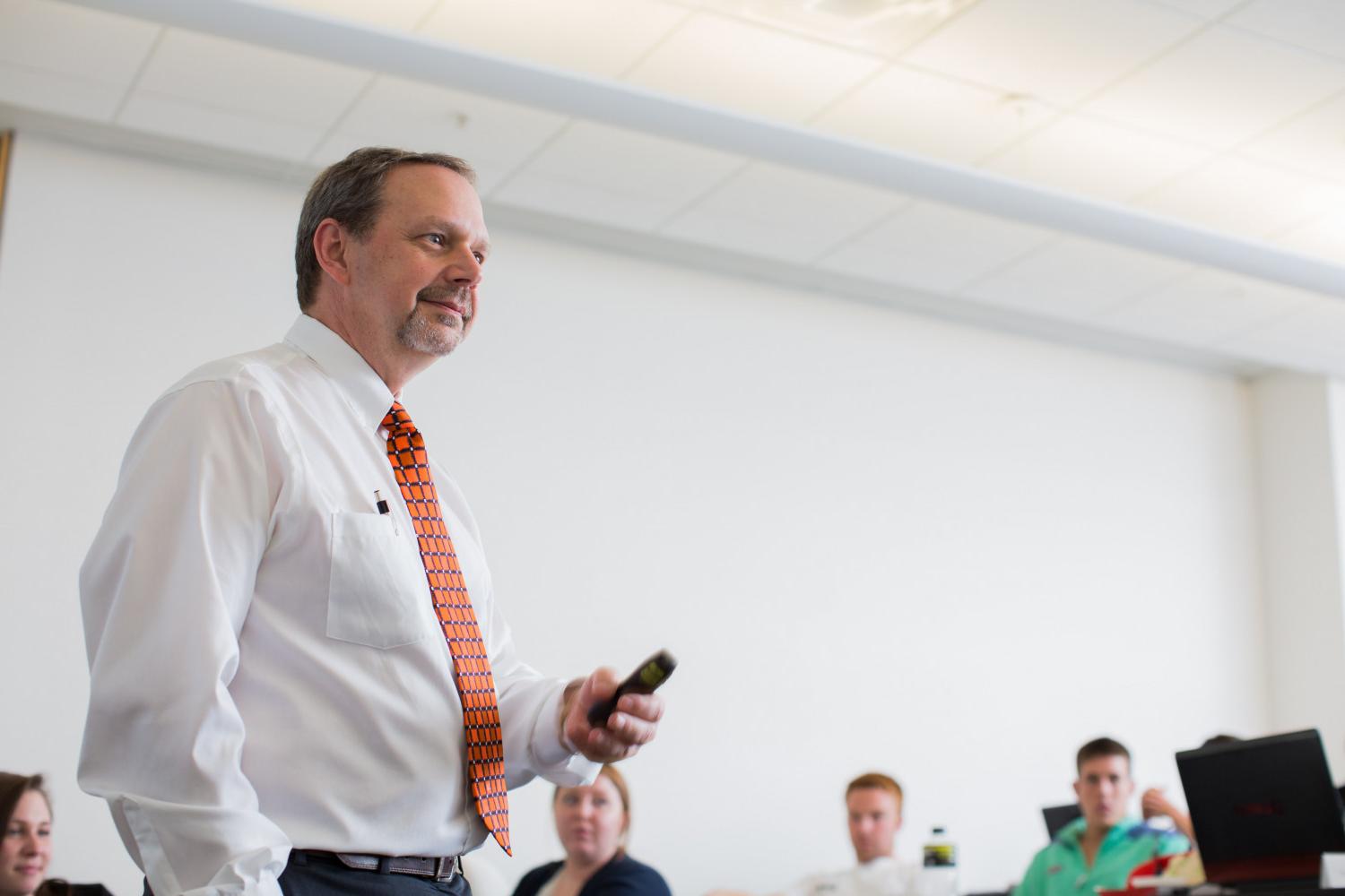 Carthage College Marketing and Management Professor JJ Shields teaches a class on the Carthage campus.